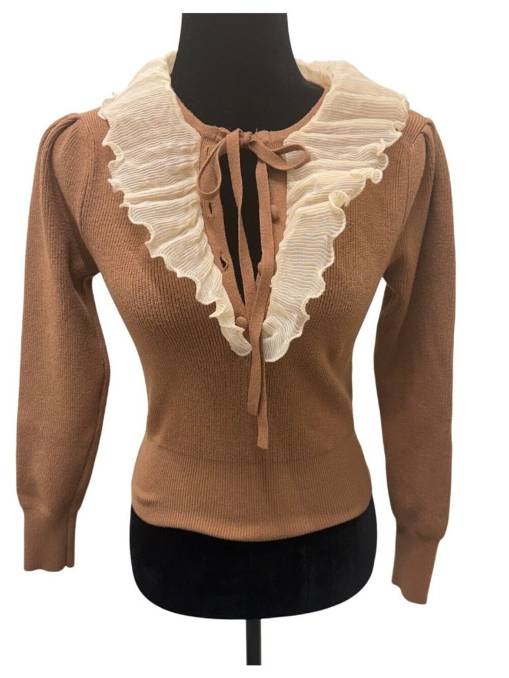ZARA Brown Knit Sweater Ruffle Pleated Collar Bow Tie Long Sleeve Size S